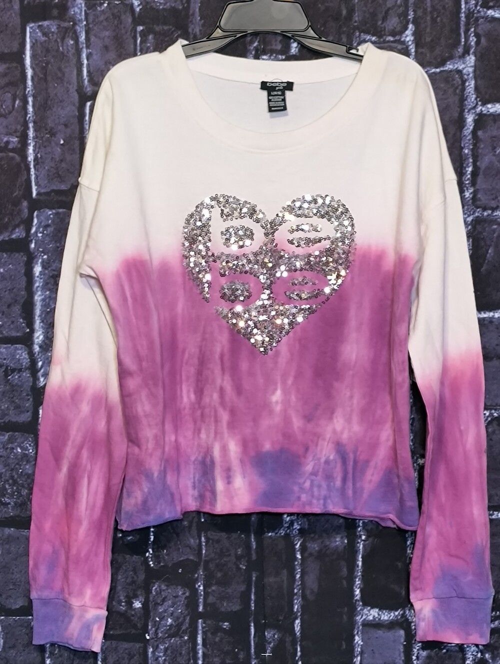 New! BeBE Girls Cropped Tie-dye Sweatshirt with Sequins Heart Design L 14/16